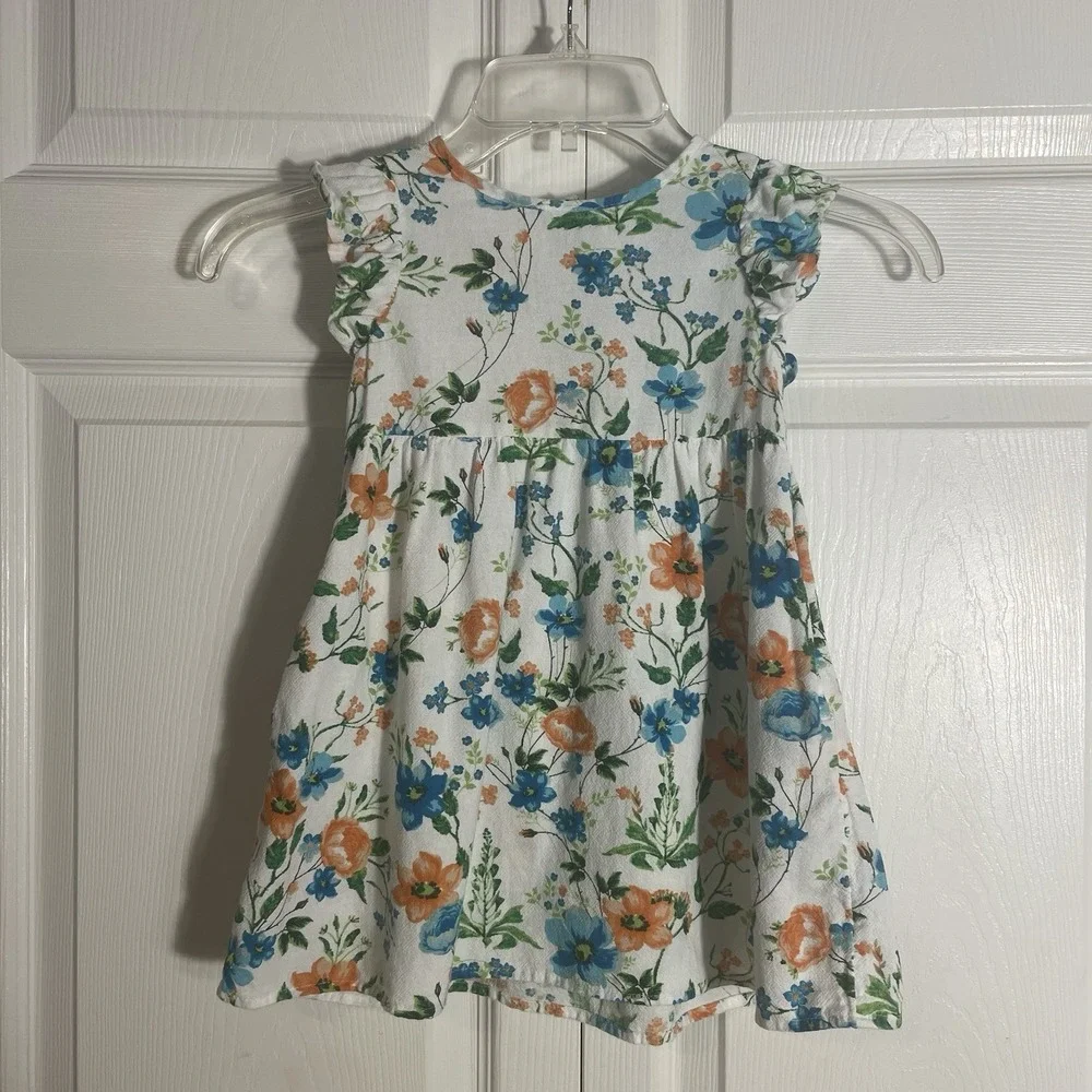 Peyton Parker Cotton Dress Girls 3T White Blue Orange‎ Floral Ruffled Cap Sleeve